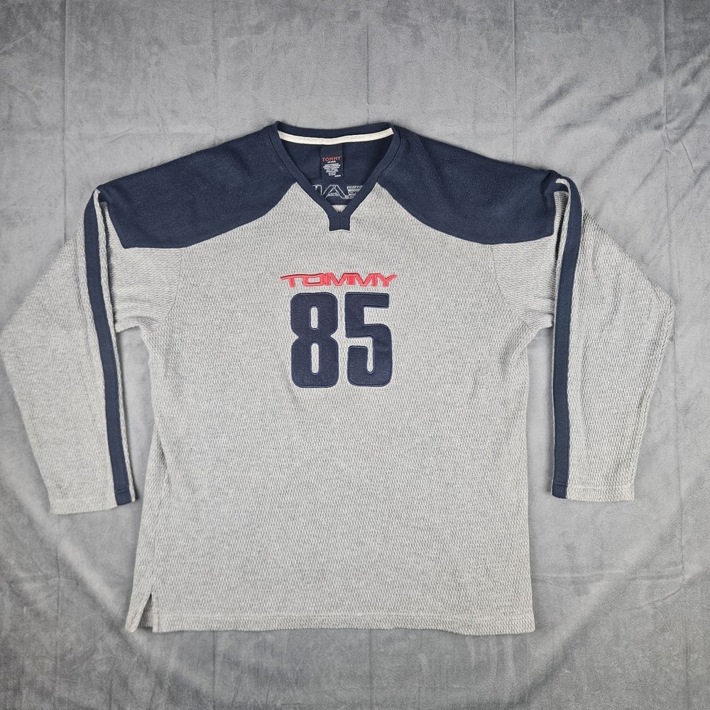 Tommy Jeans 85 Embroidered Long Sleeve Shirt Mens Medium Gray Blue Athletic Y2K